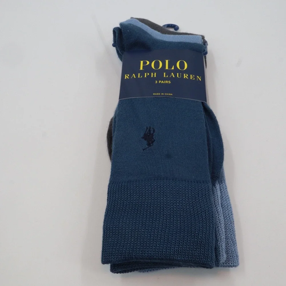Polo Ralph Lauren Crew Socks Mens 10-13 Blue Grey 3‎ Pack Embroidered Pony Logo